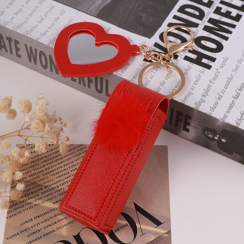 Bolsa de batom de couro com espelho de coração e pêssego Bolsa de batom com espelho de coração e chave Bolsa de batom de junco com bola de pelo_voghion.com
