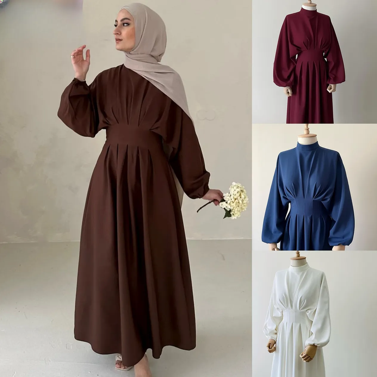 Women's Clothing Middle East Turkey Dubai Solid Color Blouson Sleeve Dress Lr728_voghion.com