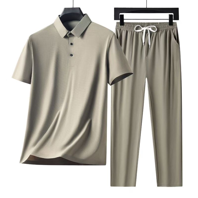 Men's Clothing Middle Aged And Young Lapel Seamless Cool Breathable Short Sleeved T Shirt Trousers Casual Suit_voghion.com