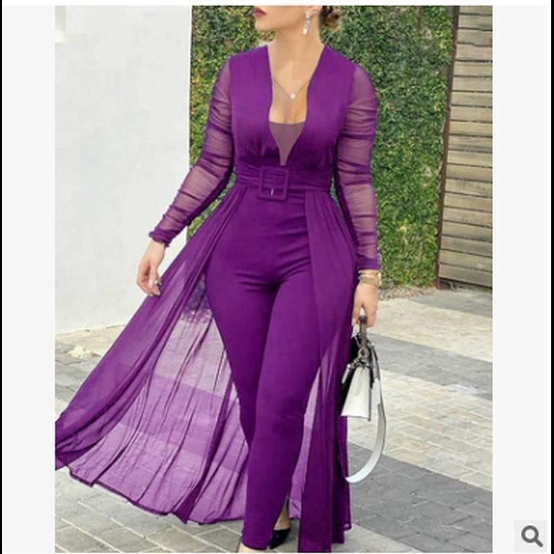 Damen neues einfarbiges, modisches, tiefes V-Nähen, einfarbig, schmale Passform, Overallhose, Abendkleid_voghion.com