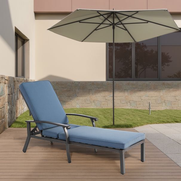 Chaise longue de patio avec coussin en coton, inclinable, réglable et antirouille, en aluminium, pour piscine, coussin bleu imperméable (1 pièce)_voghion.com