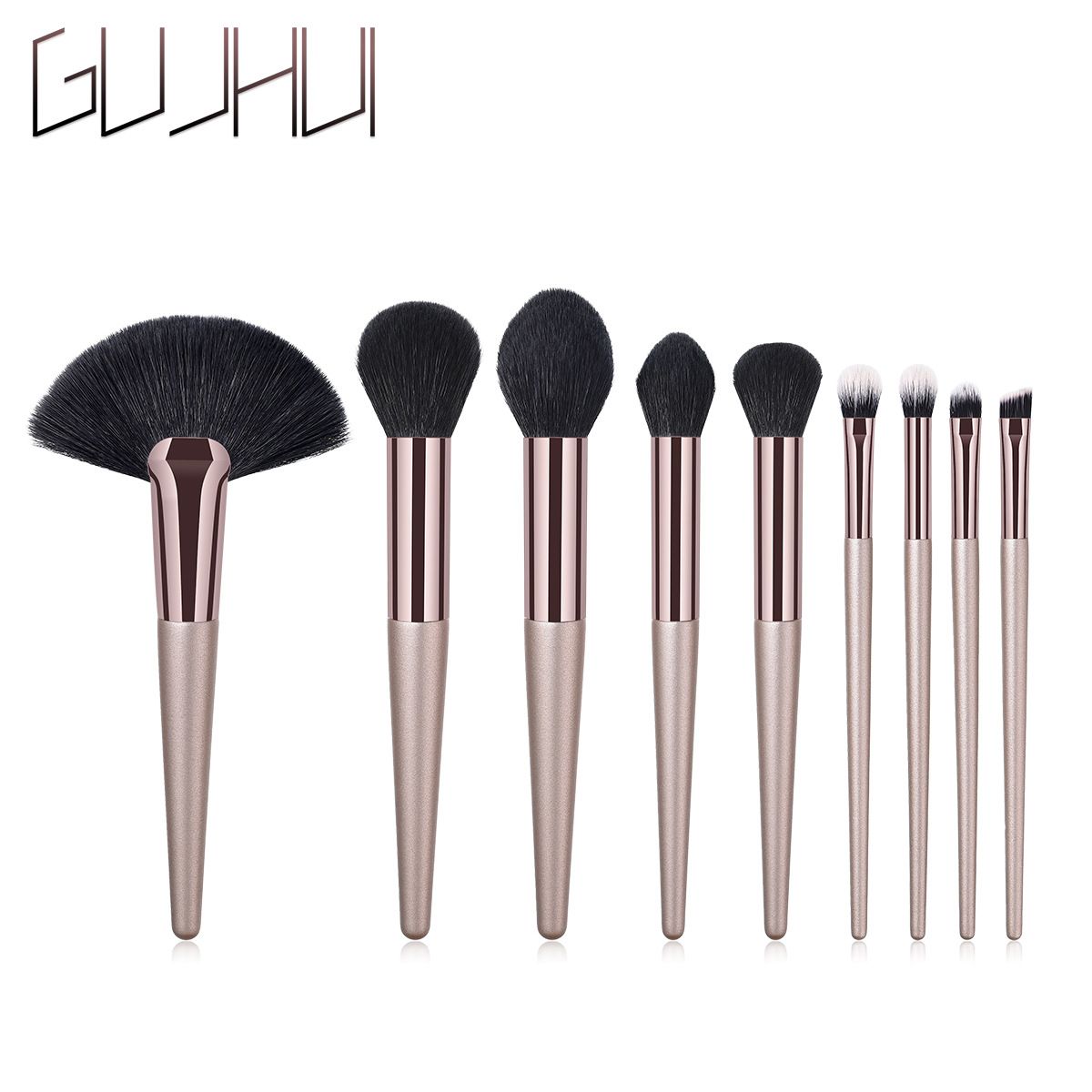 9 pcs makeup brushes makeup tools powder brush fan eye shadow brush gun color champagne gold set GUJHUI_voghion.com