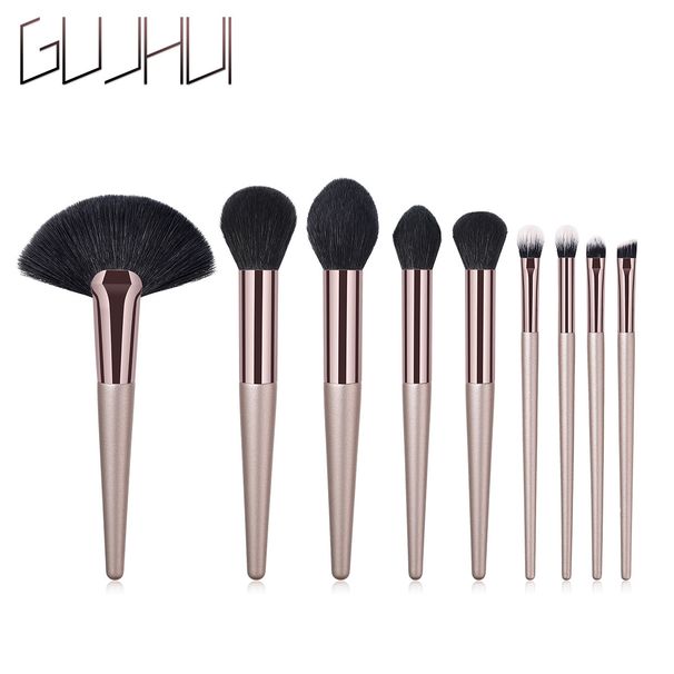 9 pcs makeup brushes makeup tools powder brush fan eye shadow brush gun color champagne gold set GUJHUI_voghion.com