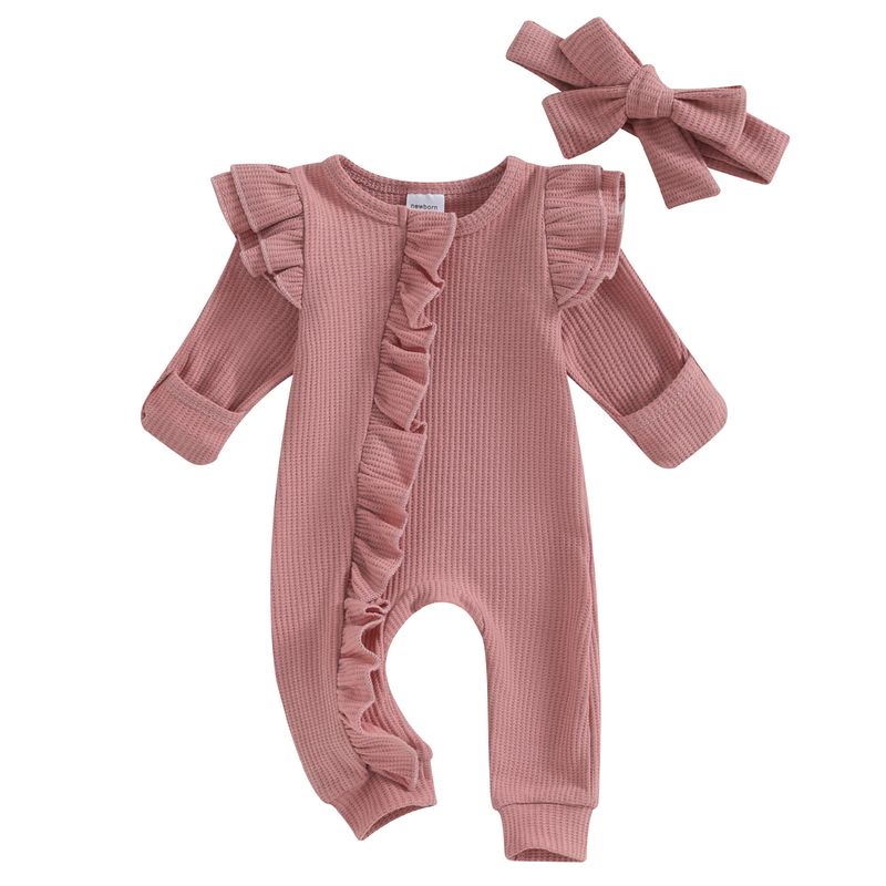 Pudcoco Bebek Kız Bebek Sonbahar Tulum Düz Renk Yuvarlak Yaka Uçan Kol Fırfırlı Fermuarlı Fiyonklu Baş Bandı 0-12M_voghion.com