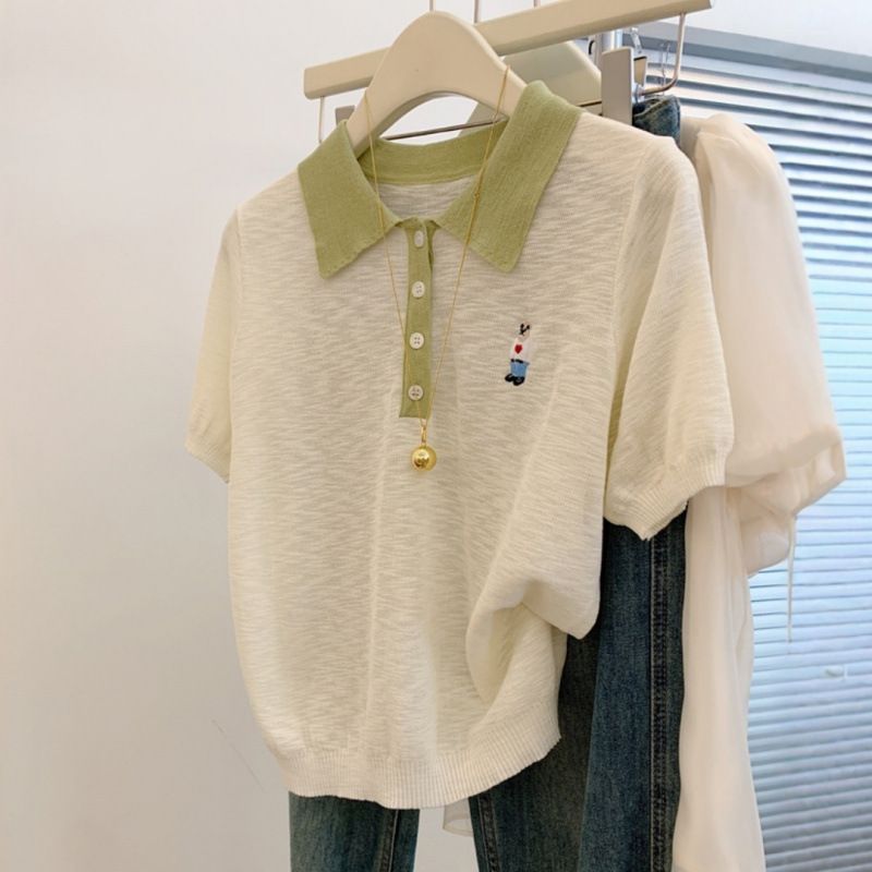 Contrast Color Thin Summer Ice Silk Short Sleeved Straight Shoulder T Shirt Female Loose Slim Top Polo Doll Collar Knitted_voghion.com