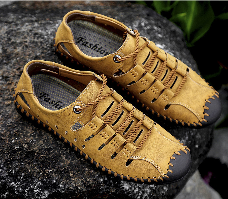 Men's Shoes Summer New Daily Casual Men's Hollow Breathable Sandals Soft Sole Perforated Leather Shoes_voghion.com