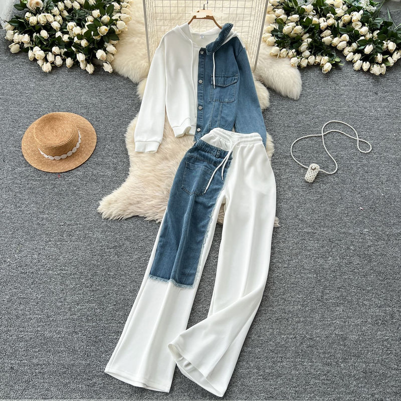 Costum casual pentru femei, design la modă, hanorac cu glugă din două piese, talie înaltă, din denim, cu croială largă_voghion.com