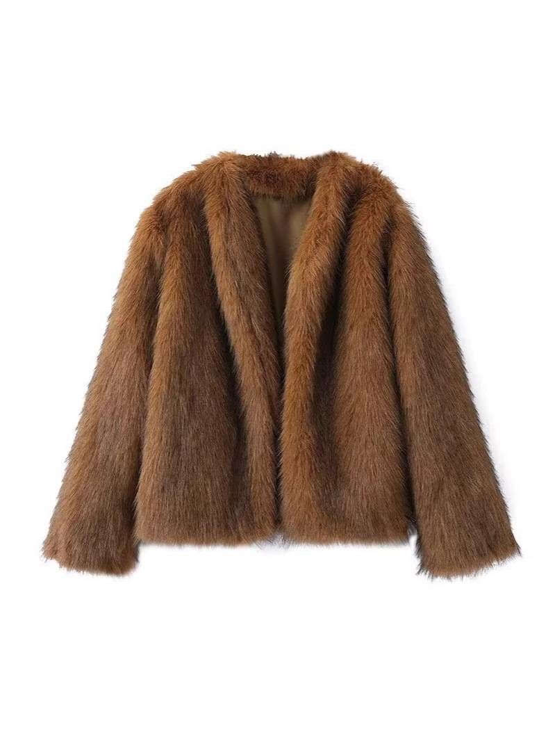 Women's Clothing Winter Faux Fox Fur V-Neck Cardigan With Black Tips – Short Sleeve Elegant Streetwear (Sizes S/M/L)_voghion.com