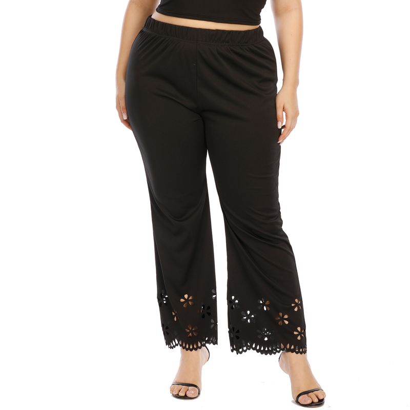 plus size women's hollowed-out burnt flower micro flared straight pants elastic waist casual pants_voghion.com