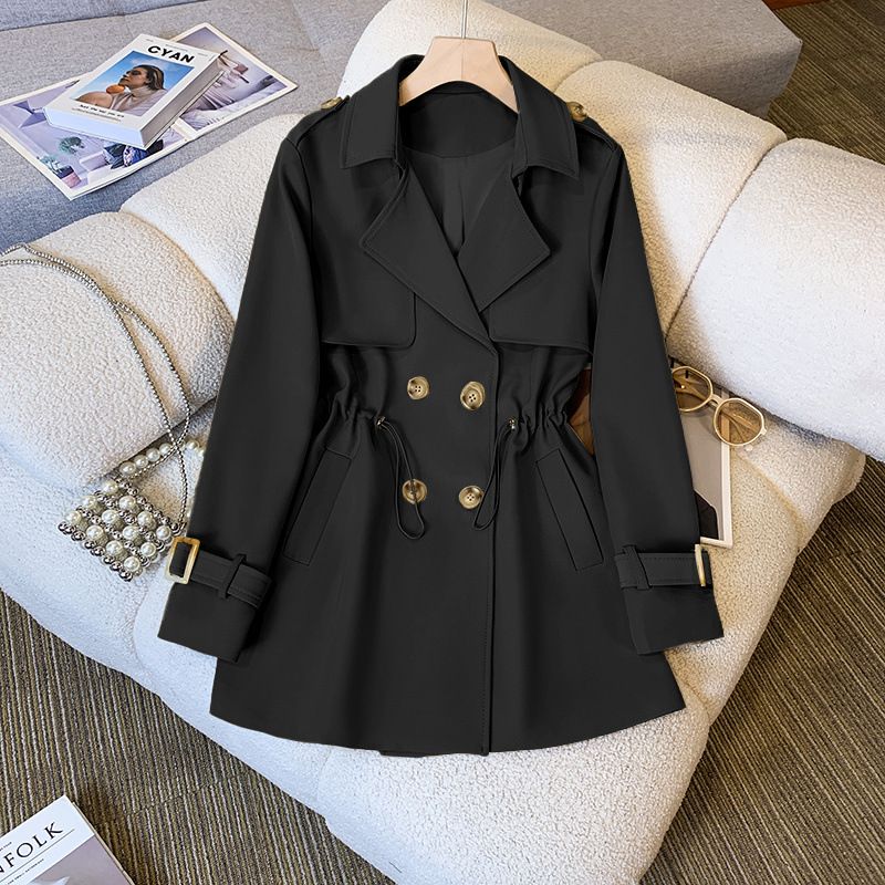 Damenbekleidung Anzugkragen Trenchcoat Taillenbetont Vielseitig Schlankheits Petite Khaki Trench_voghion.com