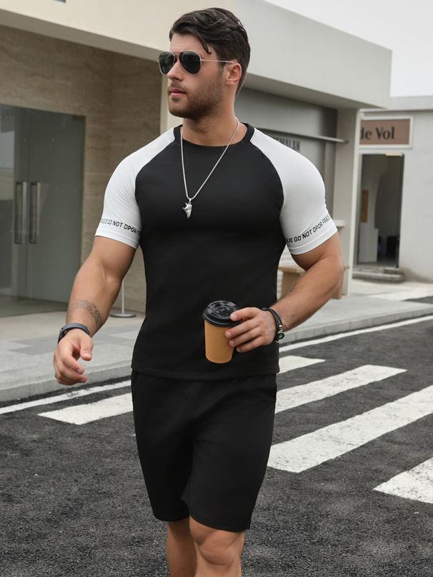 Short Sleeved T-Shirt And Shorts Two-Piece Set, Elastic Color Men's Raglan Sleeve Set_voghion.com