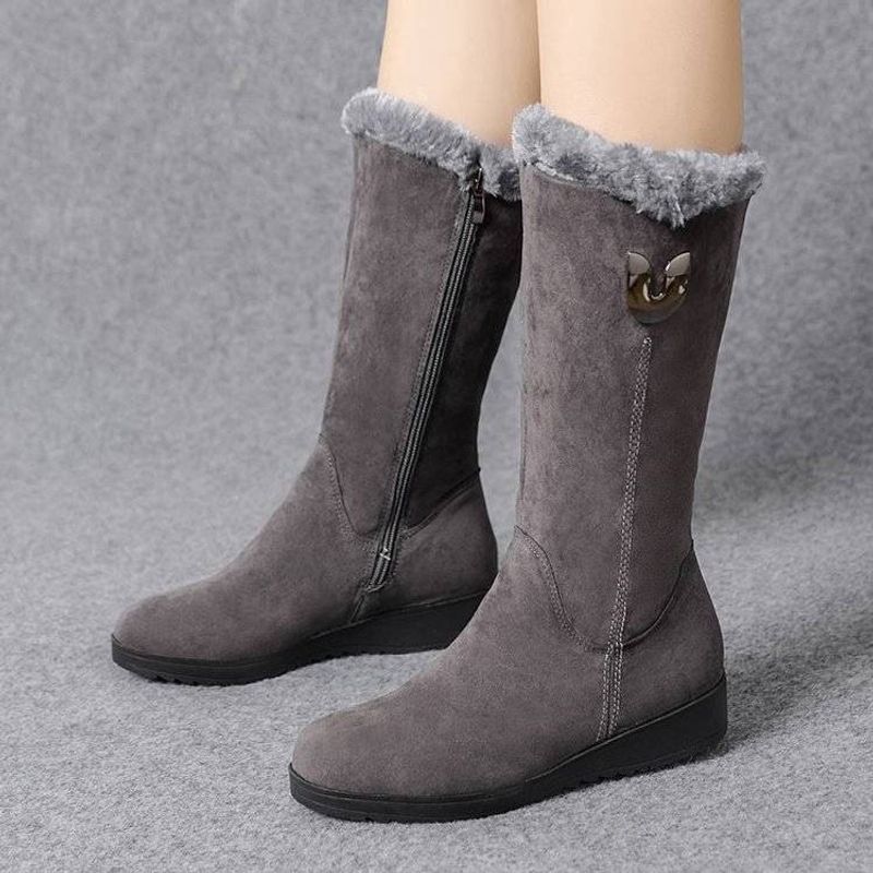 Winter women's plush thick midsole sloping heel anti slip warm side zipper cotton boots_voghion.com