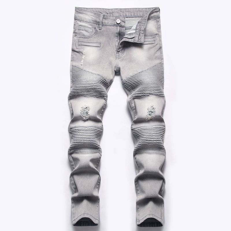 Mother & Kids Motorcycle Boy's Wear Elastic Gray Straight Leg Ripped Jeans_voghion.com