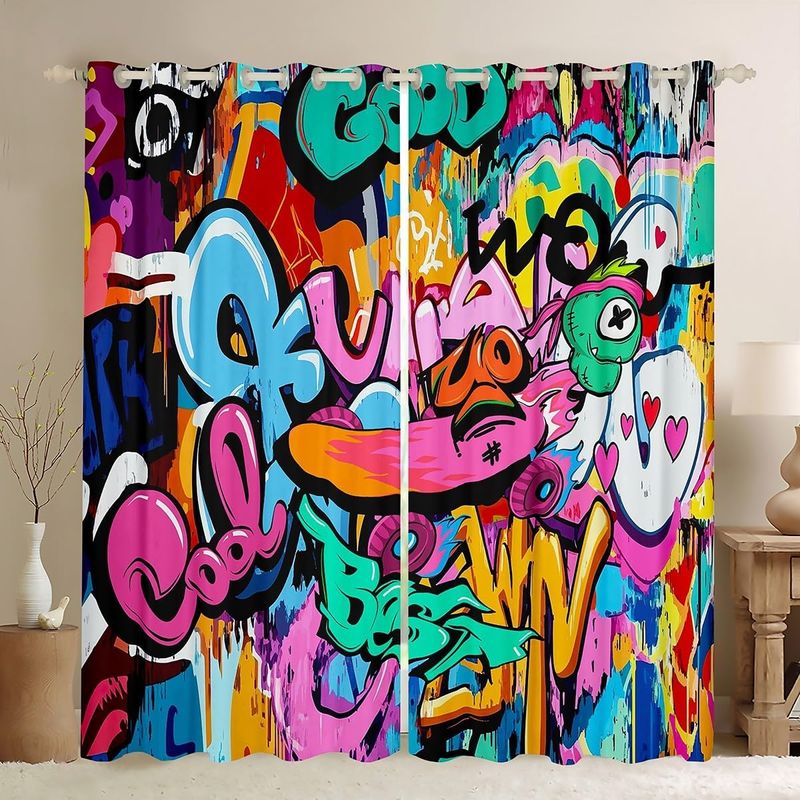 Hippie Graffiti Curtains Blackout Darkening Curtain Grunge Art Decor Window Treatments For Kids Boys Girls Teens Hip Hop Pattern Window Curtains_voghion.com