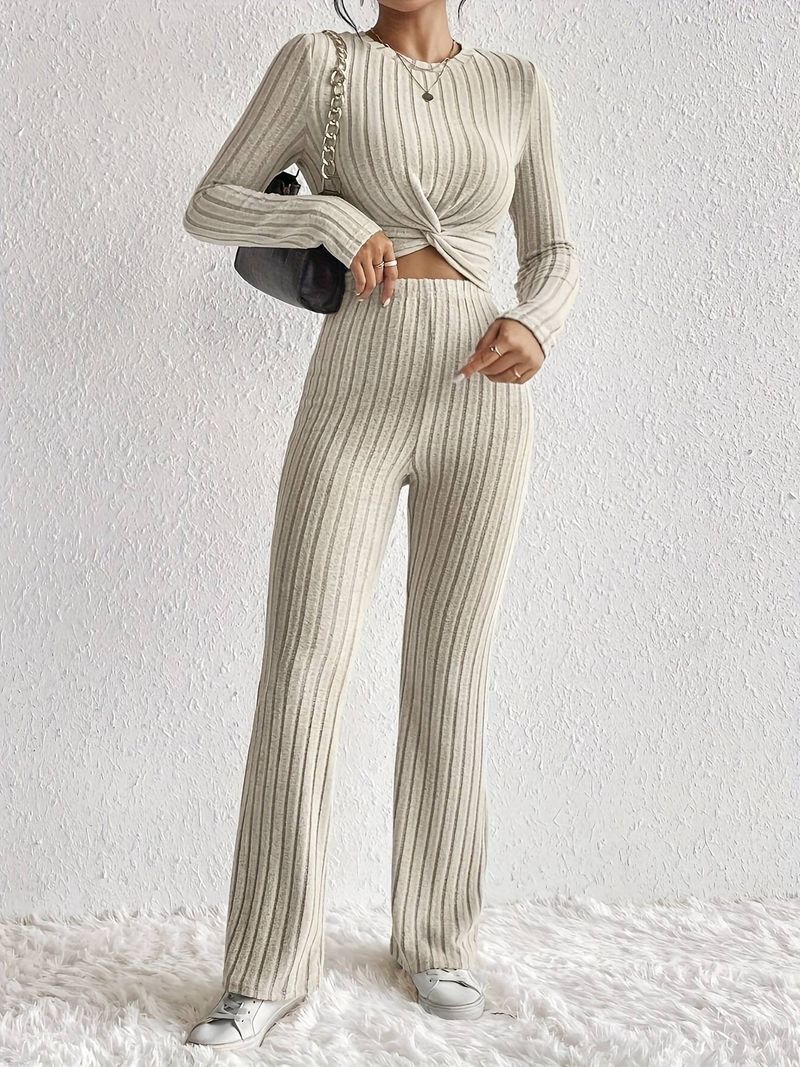 Women's Clothing Round Neck Long Sleeved Fashion Casual Suit Knitted Ribbed Wide Leg Pants Suit_voghion.com