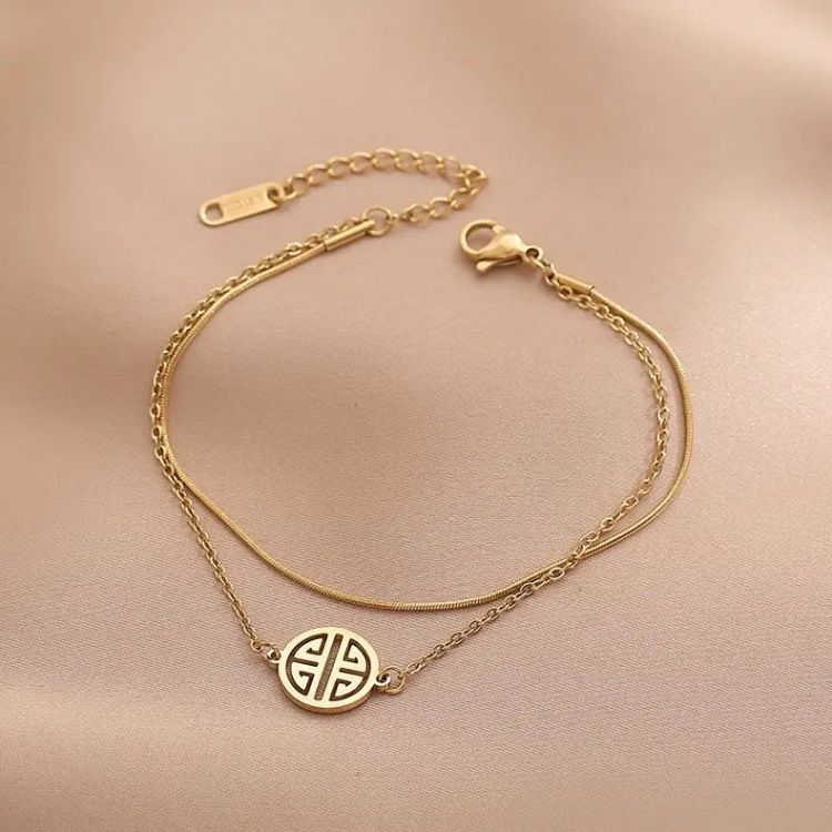 Korean INS Minimalist Style Simple Temperament Fortune Anklet Lucky Personality Round Brand Double Layer Titanium Steel_voghion.com