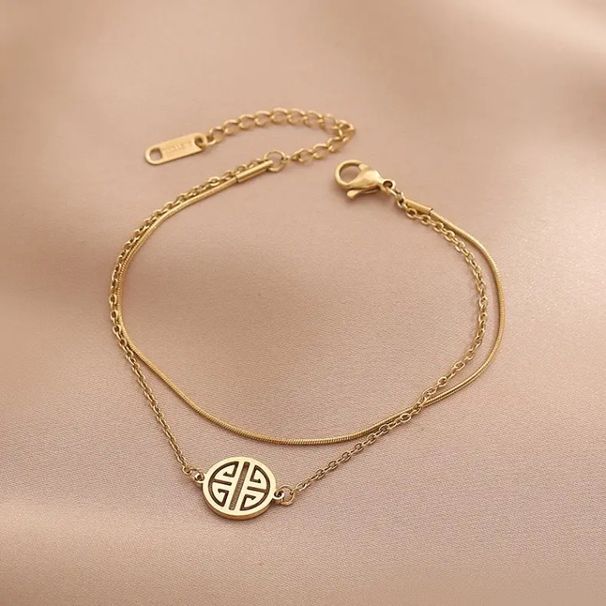 Korean INS Minimalist Style Simple Temperament Fortune Anklet Lucky Personality Round Brand Double Layer Titanium Steel_voghion.com