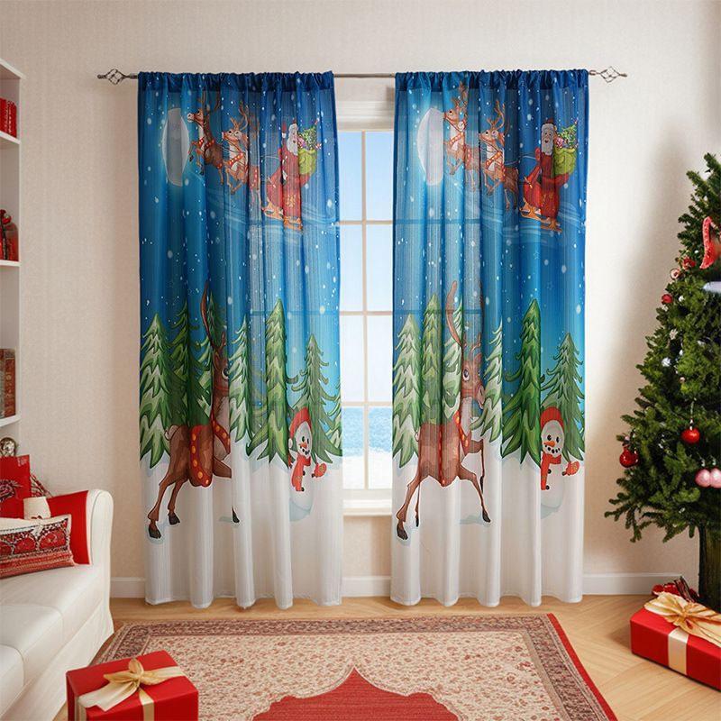 Festive Polyester Semi-Sheer Curtains (40-70% Blackout) - Snowflakes, Santa, Trees - Ready-Made For Living Room, Bedroom (55" W X 39"/63"/87" H)_voghion.com