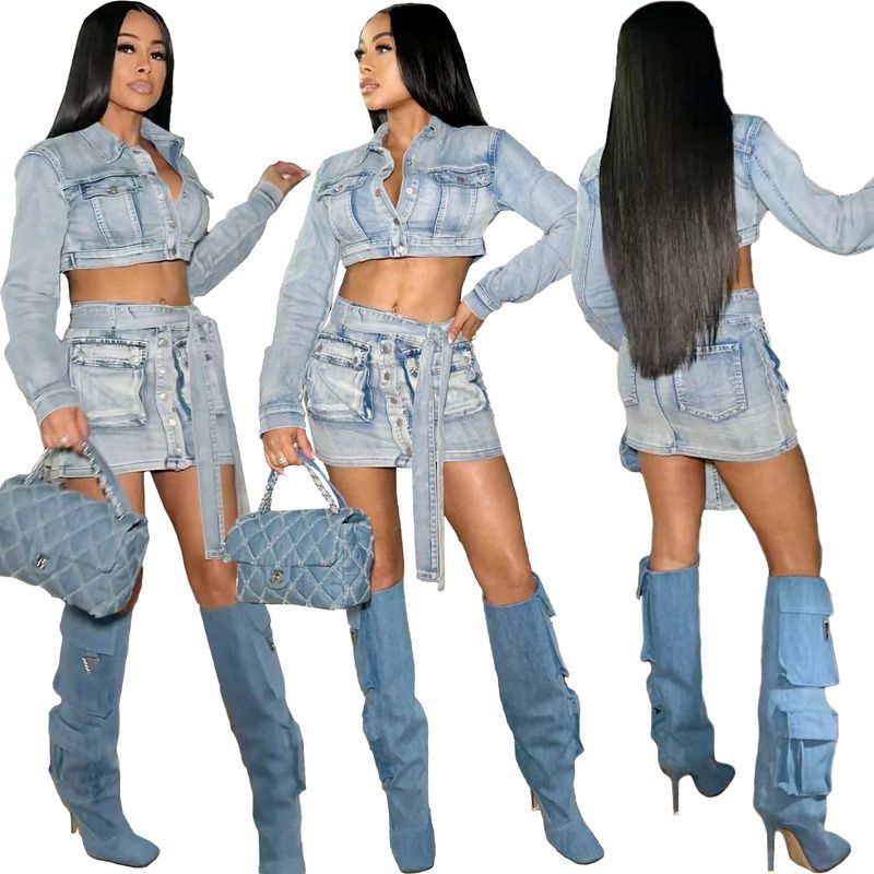 Damenbekleidung Sexy Damen-Jeansanzug aus gewaschenem Denim mit Schnürung und dreidimensionaler 3D-Tasche_voghion.com