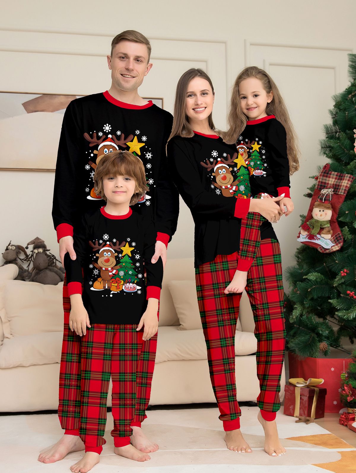 Christmas Fawn Snowflake plaid family Christmas print home suit set_voghion.com