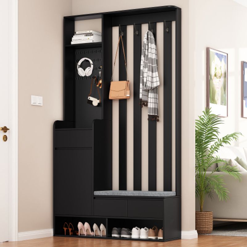 Flurgarderobe Mit Gepolsterter Aufbewahrungsbank, Multifunktionaler Flur-Schuhschrank Mit Stecktafel, Moderne Garderobe Mit 4 Haken Für Eingangsbereich, Waschküche, Schwarz,H180/B100/T35 Cm_voghion.com