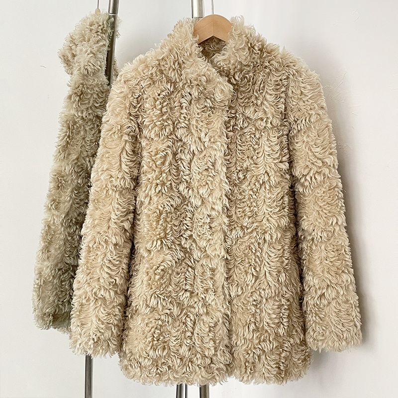 Abbigliamento da donna Cappotto di pelliccia sintetica di lusso Moda femminile - Giacca invernale ecologica in stile toscano con collo alto, tasche, beige elegante, S/M/L_voghion.com