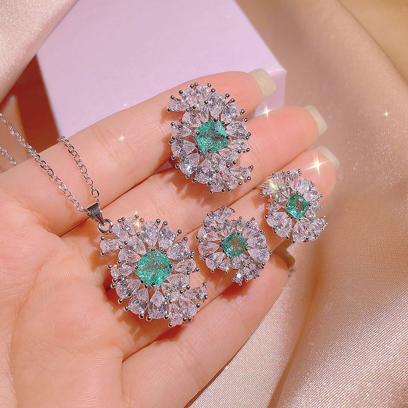 Brazil Paraiba Full Diamond Earrings Designer Necklace Three-Piece Jewelry Fashion Trends Live Goods_voghion.com