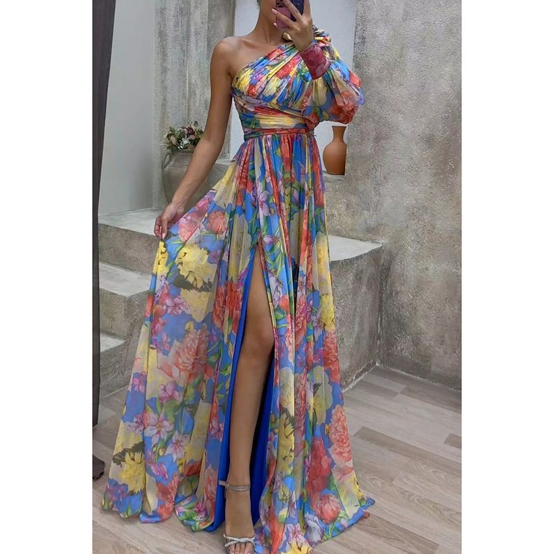 Damen Party neues lässiges Schlitzkleid INS lockeres mehrfarbiges Kleid mit schräger Schulter_voghion.com