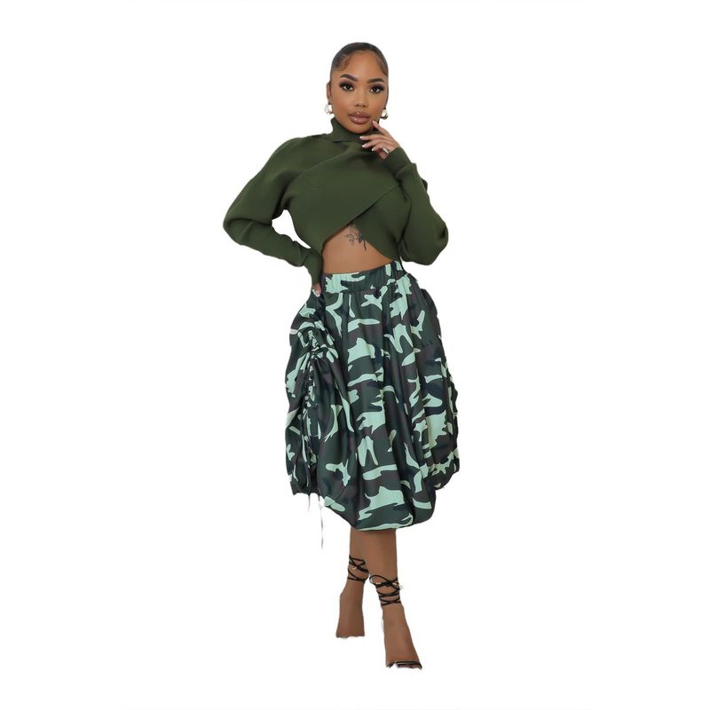 Jupe taille haute à imprimé léopard pour femme, jupe camouflage à cordon de serrage, jupe bouffante plissée, style lanterne_voghion.com