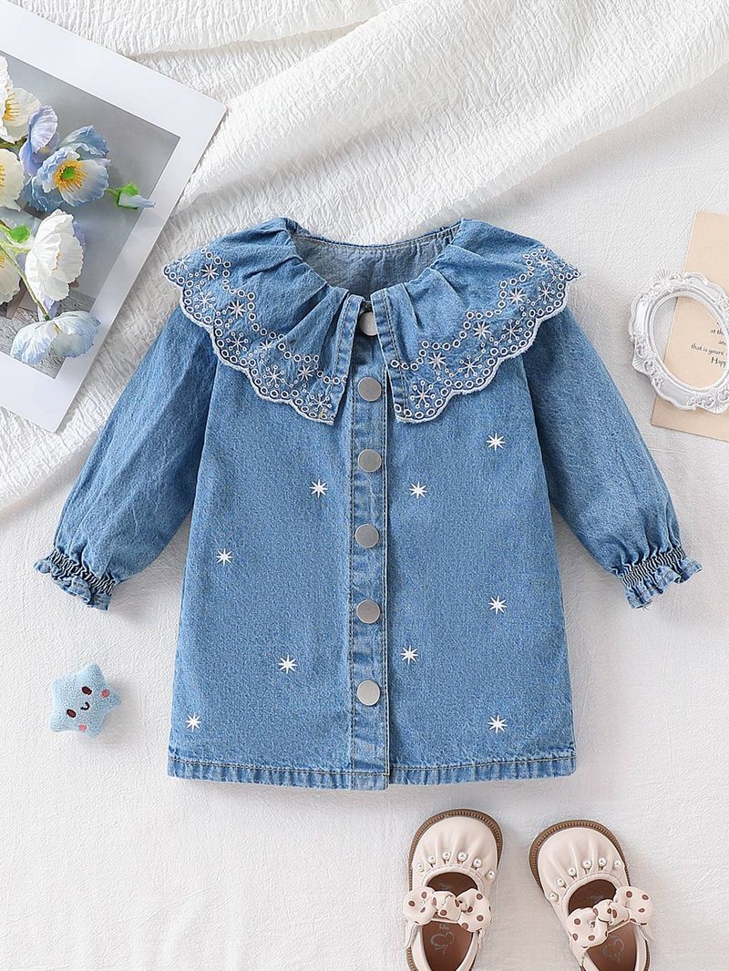 Baby Girl Medium Blue Collar Embroidery White Small Flower Print Cute Loose Casual Simple Versatile Washed Denim Dress_voghion.com