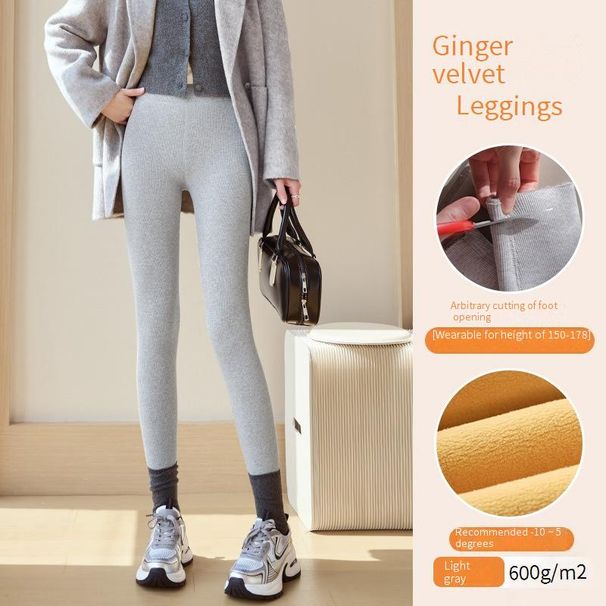 Leggings termici da donna foderati in pile, pantaloni invernali in pile color zenzero a vita alta, spessi, per climi estremamente freddi_voghion.com