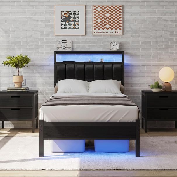 Bed Frame With Charging Station And LED Lights, Black Upholstered Headboard With 2-Tier Storage Shelves, Metal Bed Frame With Headboard_voghion.com