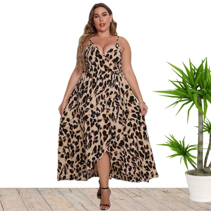 2023  Women's Summer New Sexy V-Neck Strap Leopard Print Plus size Dresses_voghion.com
