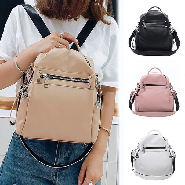 Lihao Women Soft Leather Waterproof Backpack Solid Color Zipper Tote Shoulder Bag-Black_voghion.com