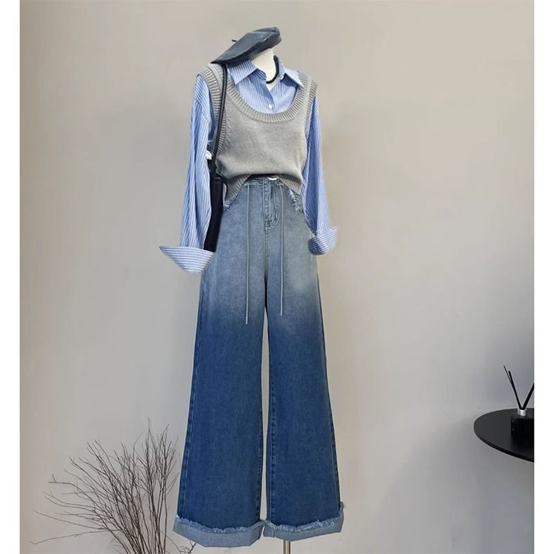 Vêtements pour femmes Nouveau style Mode Personnalité Chemise Gilet tricoté Tempérament Jeans Costume trois pièces_voghion.com