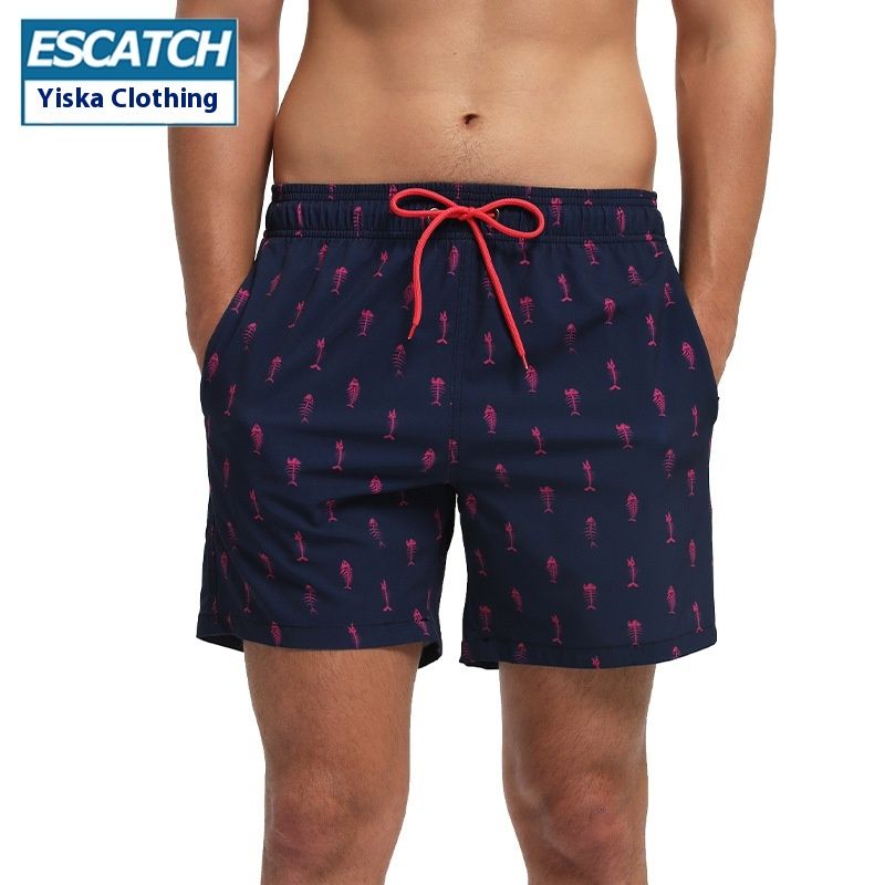 Neue rosarote Shorts für Herren mit Fischgrätenmuster, Reißverschluss an der Tasche und elastischem Vierseiten-Strandhose mit lässigem Aufdruck_voghion.com