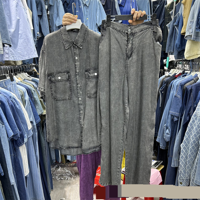 Women's Clothing Goods Long Sleeved Loose Denim Shirt Top For Women Elastic Waist Wide Leg Denim Trousers Two Piece Suit_voghion.com