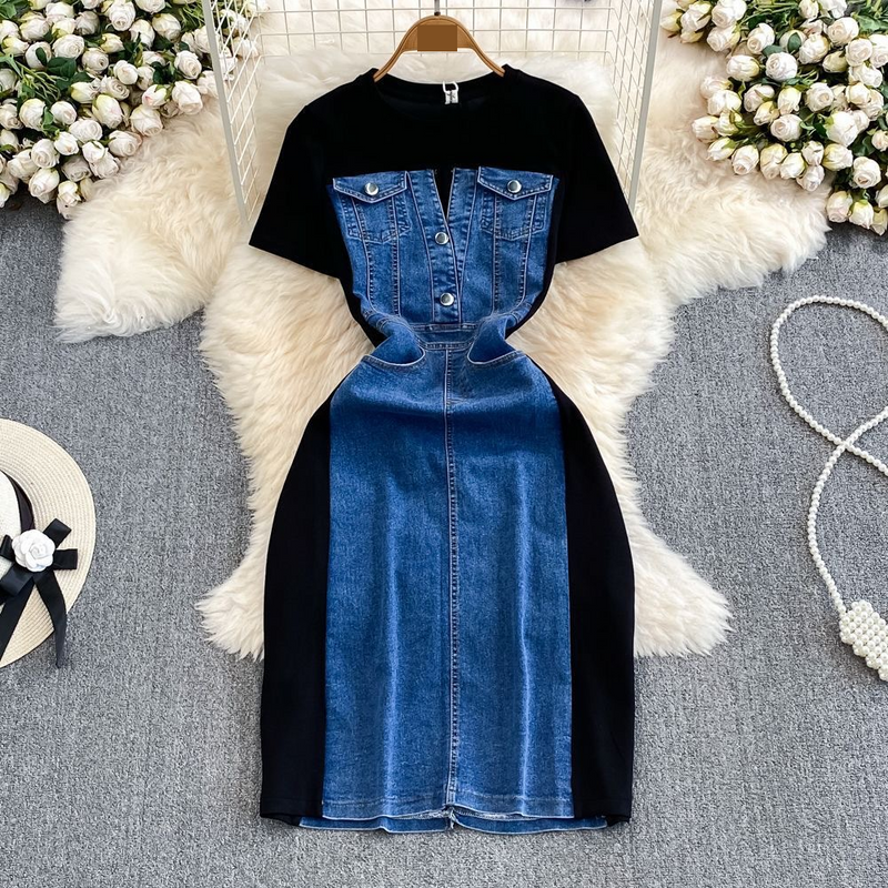 Women's Ladylike Temperament Short-sleeved Round Neck Waist Slimming Denim Splicing A-line Dress Casual T-shirt Skirt_voghion.com