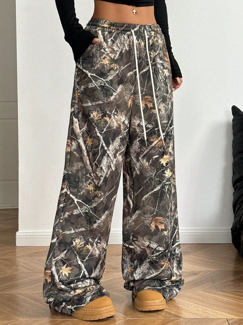 Vêtements pour femmes, camouflage, col oblique, ample, manches longues, imprimé feuille d'érable, tendance, hauts assortis_voghion.com