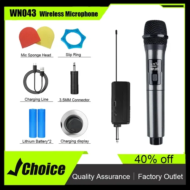 Profesionalus belaidis mikrofonas UHF fiksuoto dažnio nešiojamas vakarėlių karaoke bažnyčios šou susitikimams, aukštos kokybės, WN043_voghion.com