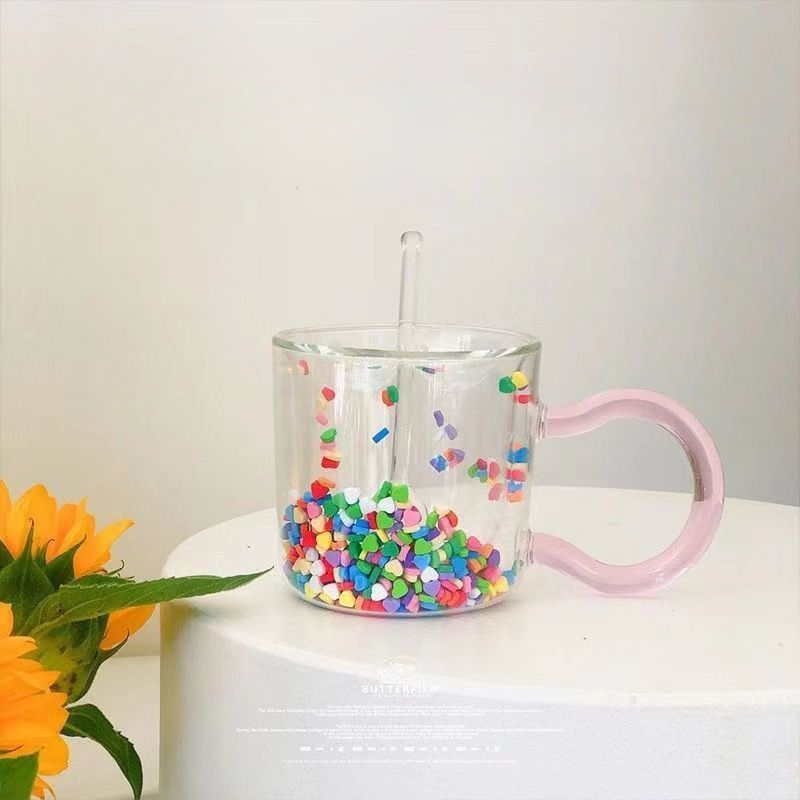 Ins High-Value Cute Glass Heart Milk Household Flowing Sand Double-Layer Creative Water Cup Mug_voghion.com