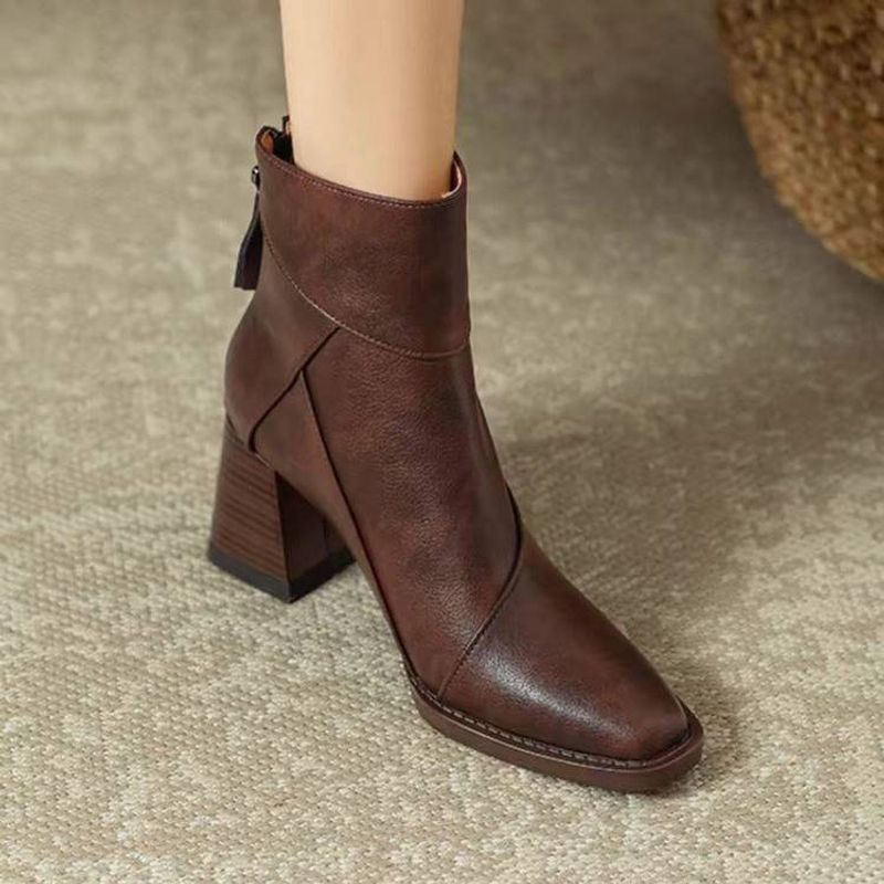 Retro brown soft leather chunky ankle boots women 2024 new high-heeled British style small square slim boots_voghion.com