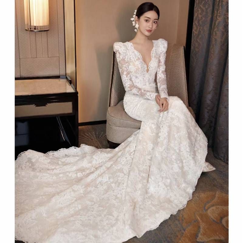 Women's Clothing Lace Fishtail Dress High End Small Tail Wedding Dress New White Bride Out Of The Gauze Wedding Dress_voghion.com