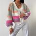 Women's Colorblock Knit Cardigan Rainbow Striped Oversized Sweater With Lantern Sleeves Soft V-Neck Open Front Casual Fall Winter Fashion_voghion.com
