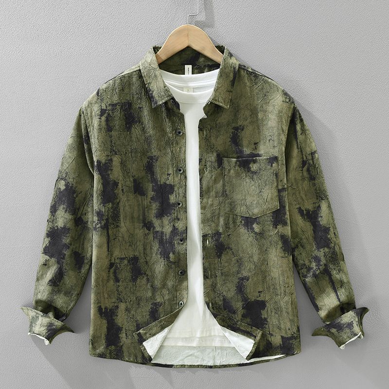 Camicia a maniche lunghe tie-dye fresh, alla moda e versatile, artistica e casual, con colletto ampio_voghion.com