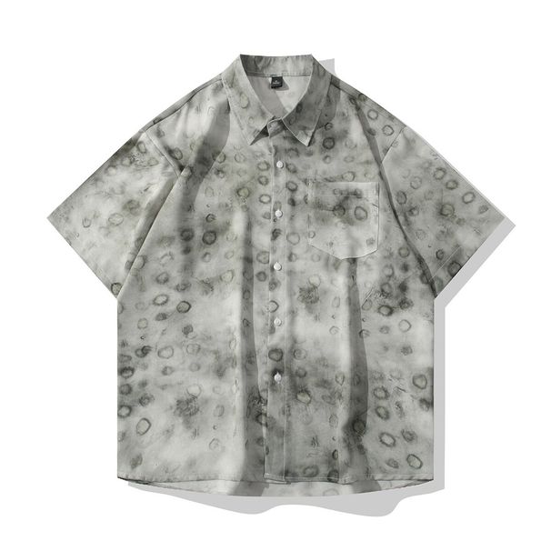 Herrenbekleidung Hemd Kleines frisches Eisseiden-Drapierungs-Dünnblumen-Farbverlaufs-Lässiges Kurzarmhemd_voghion.com