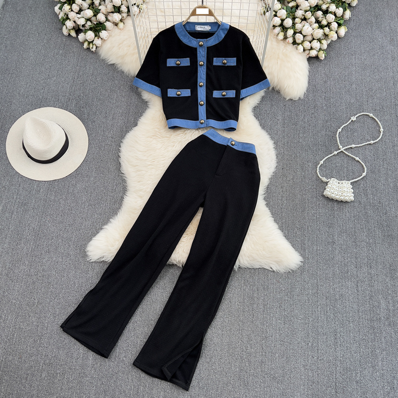 Women's Clothing Fashion suit Korean style, round neck, single breasted denim, contrasting color, slim fitting short top, two piece wide leg pants_voghion.com