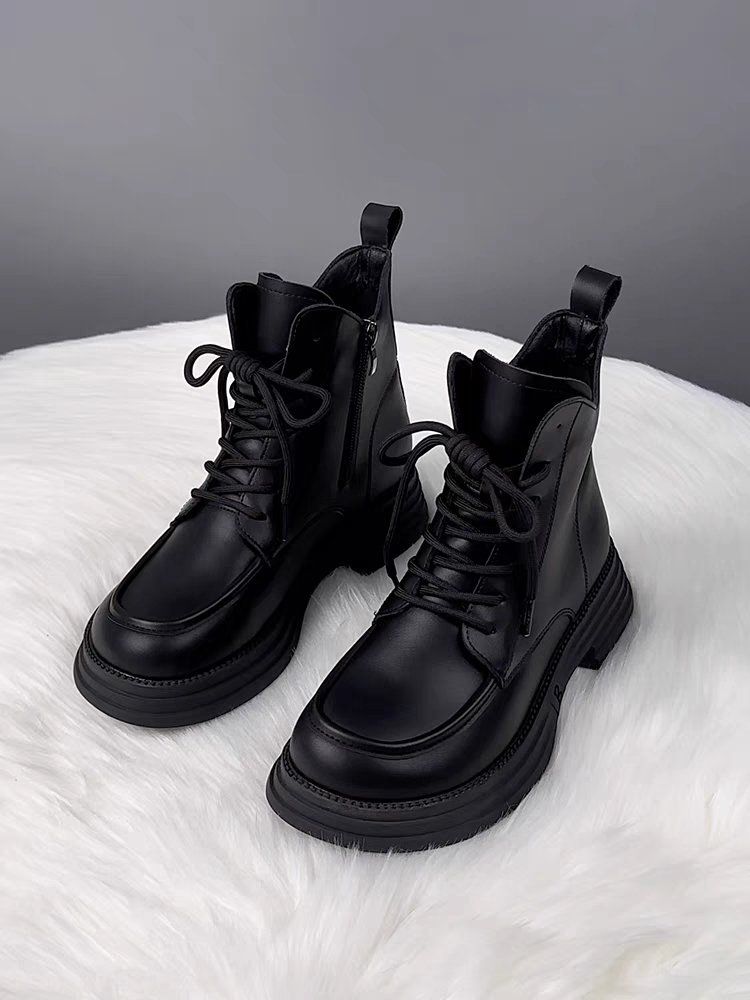 Soft Leather And Down-lined Marten Boots, Women's Cotton Boots, 2025 Autumn-winter New Style, Thick Sole, Warm And Cozy Short Boots_voghion.com