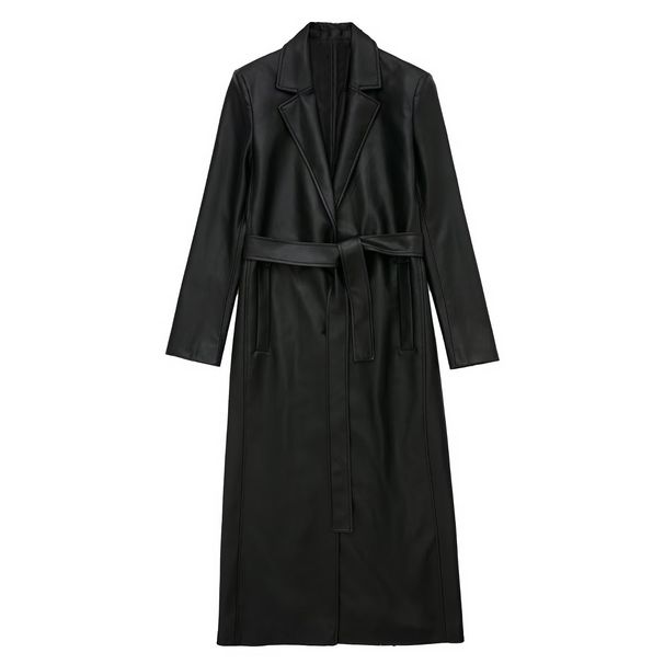 Damenbekleidung, Mode, Temperament, leicht, vertraut, Kunstleder, PU, schwarz, lange Windjacke, weiblich_voghion.com