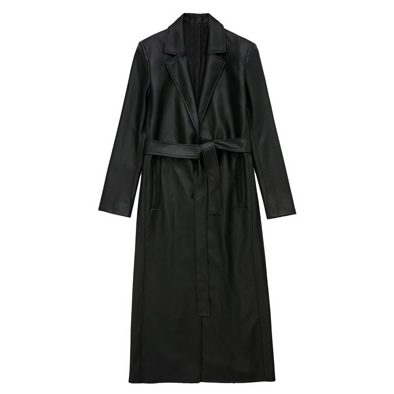 Women's clothing fashion temperament light familiar imitation leather PU black long windbreaker jacket female _voghion.com